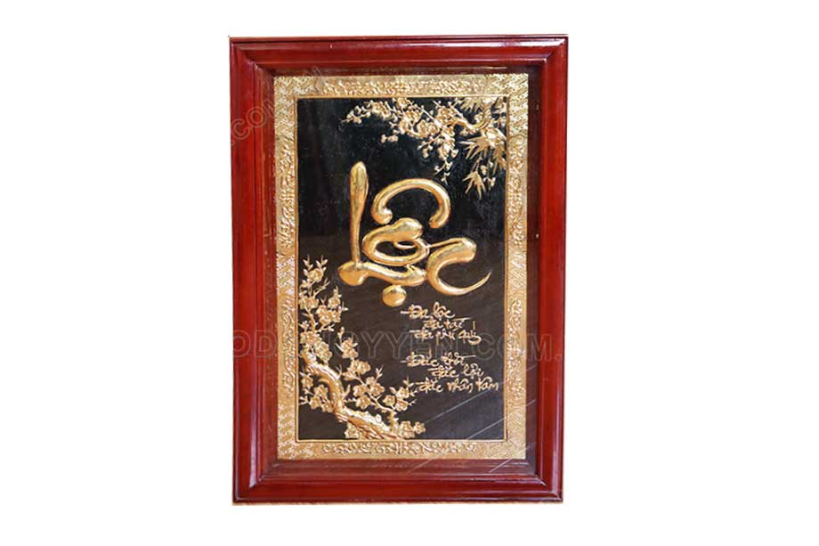 Tranh chữ Lộc bằng đồng vàng dát vàng khổ đứng 55x81cm - TR0259