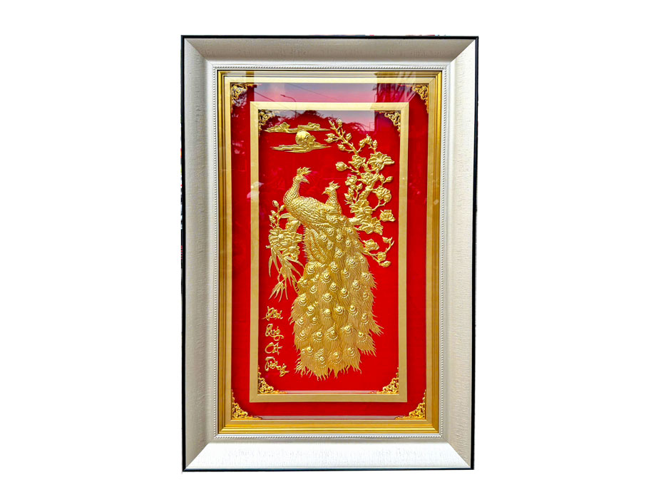 Tranh Chim Công Hoa Mai Bằng Đồng Mạ Vàng 24K Treo Phòng Khách - TR0744