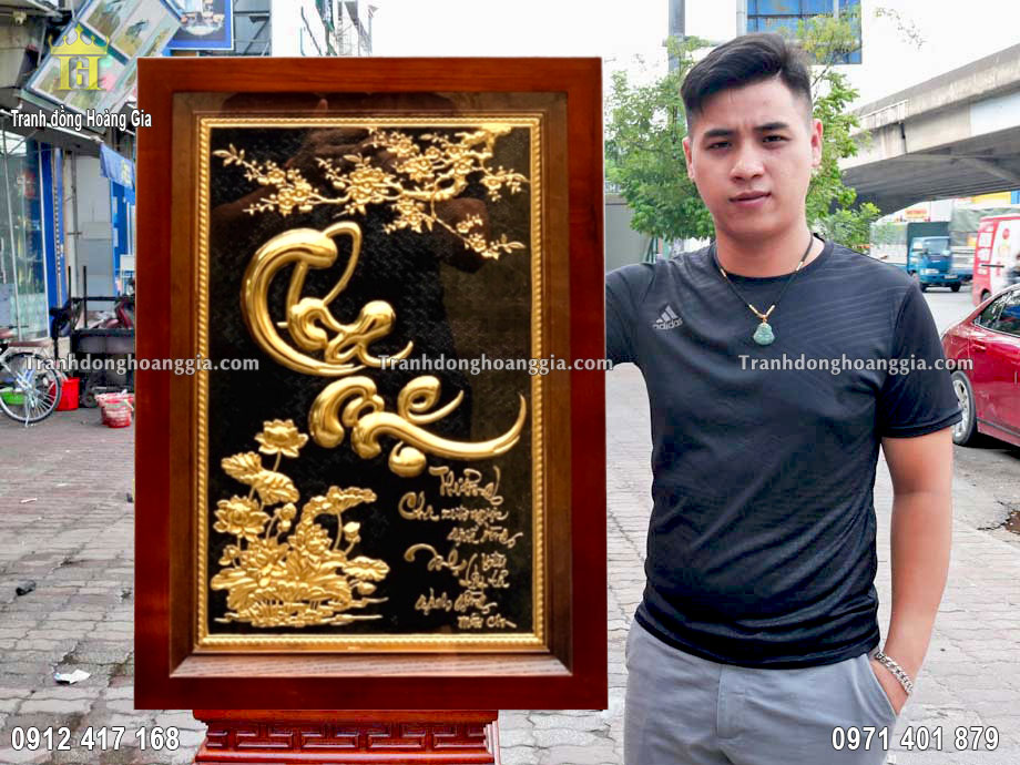 Bức tranh chữ cha mẹ thư pháp bằng đồng mạ vàng 24K cao cấp