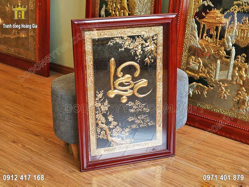 Bức tranh chữ Lộc bằng đồng vàng dát vàng cao cấp được chế tác thủ công tinh xảo