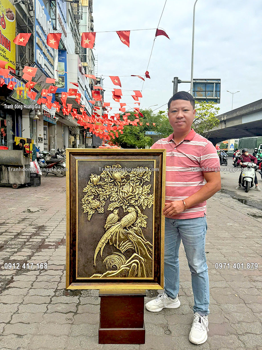 Tranh chim công hoa mẫu đơn giả cổ bằng đồng chế tác tinh xảo