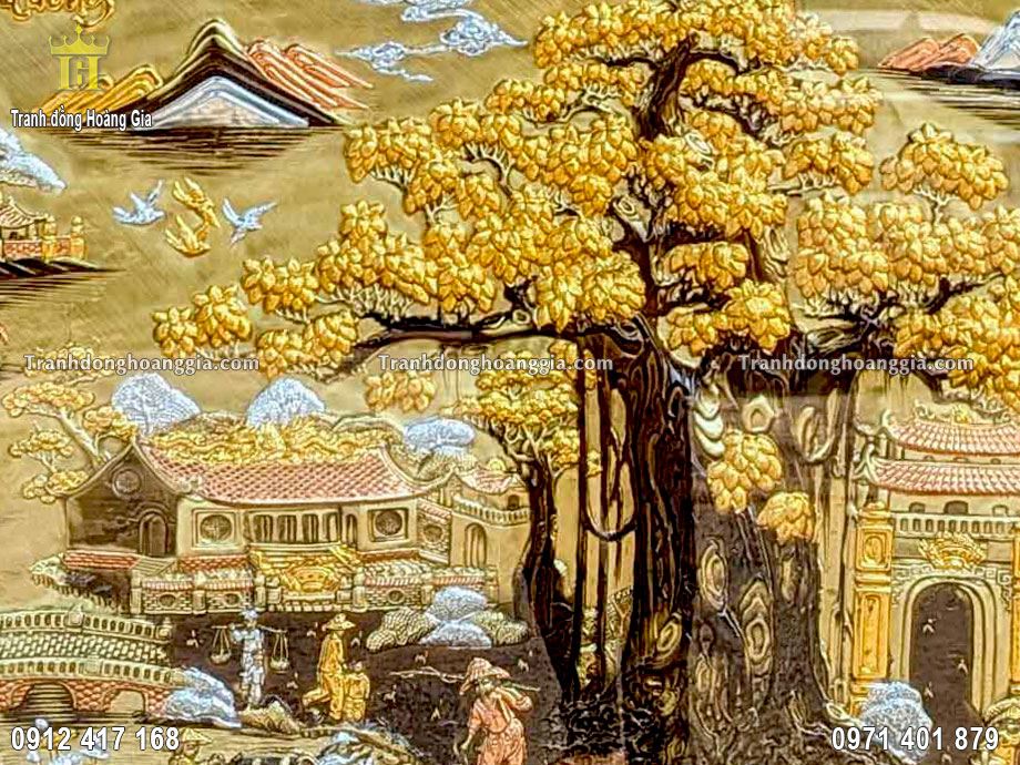 Tranh đồng quê khảm tam khí phù hợp với phòng khách, phòng thờ sang trọng