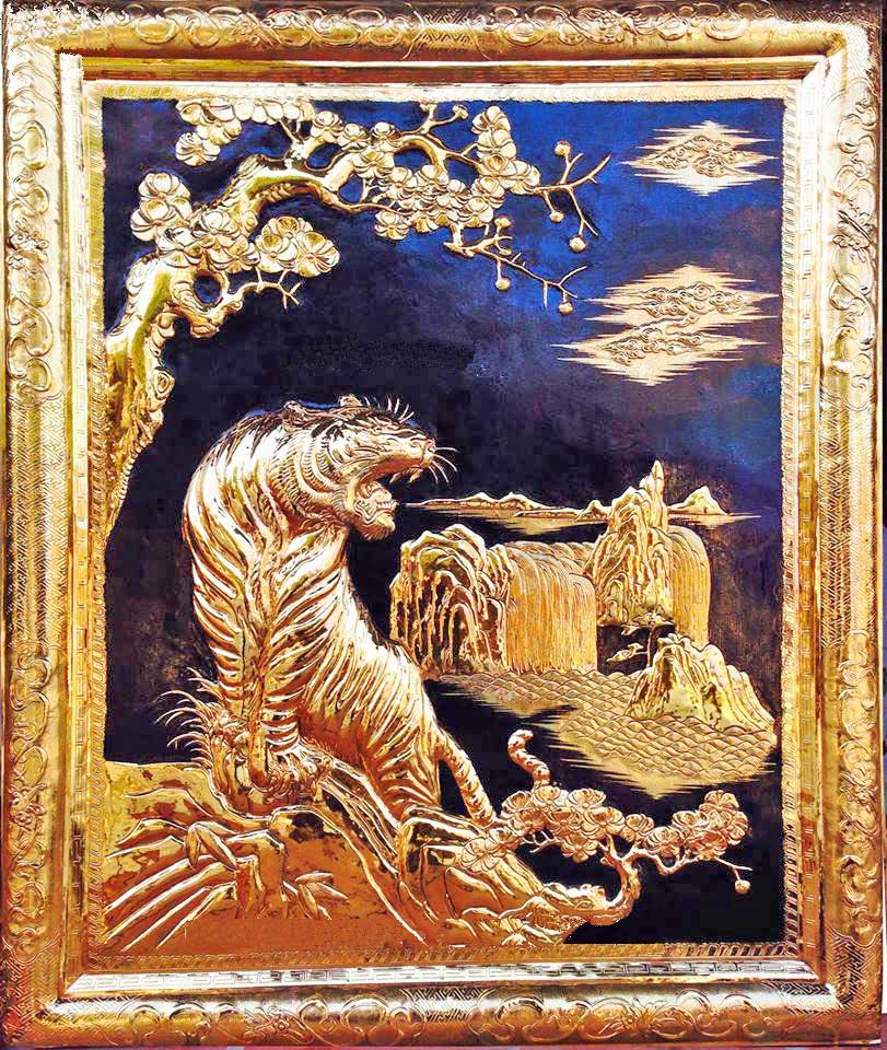 Tranh đồng Hổ gầm khung đồng dát vàng cao cấp 1m1x75cm 