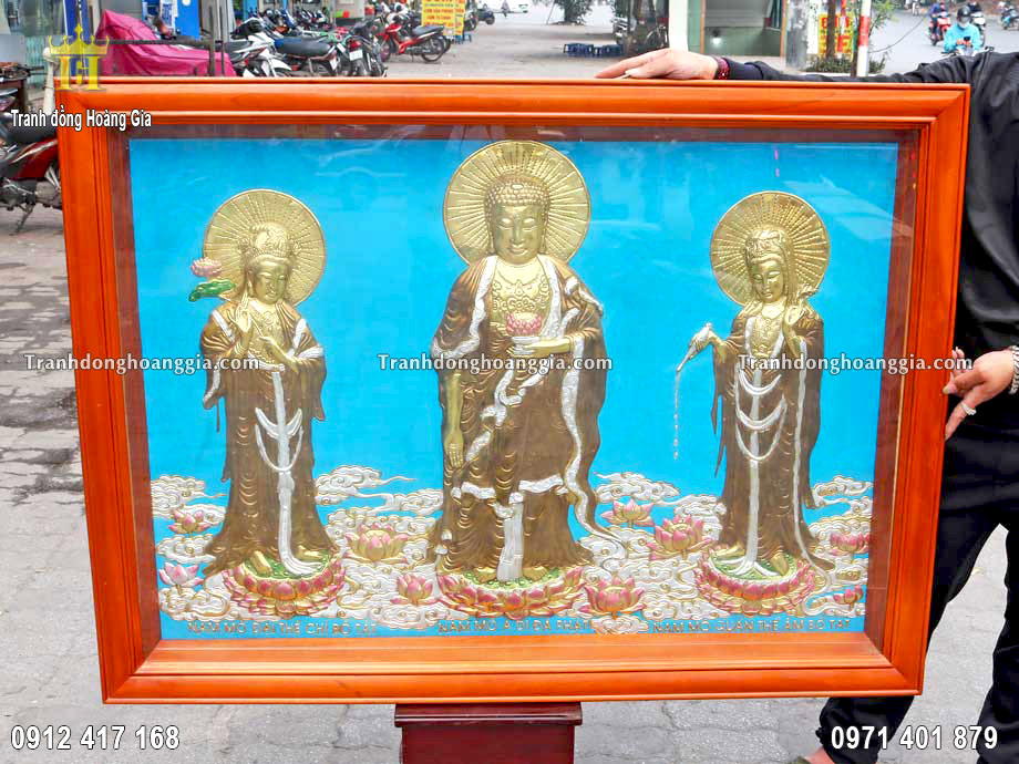Bức tranh Tây Phương Tam Thánh Phật bằng đồng chế tác tinh xảo