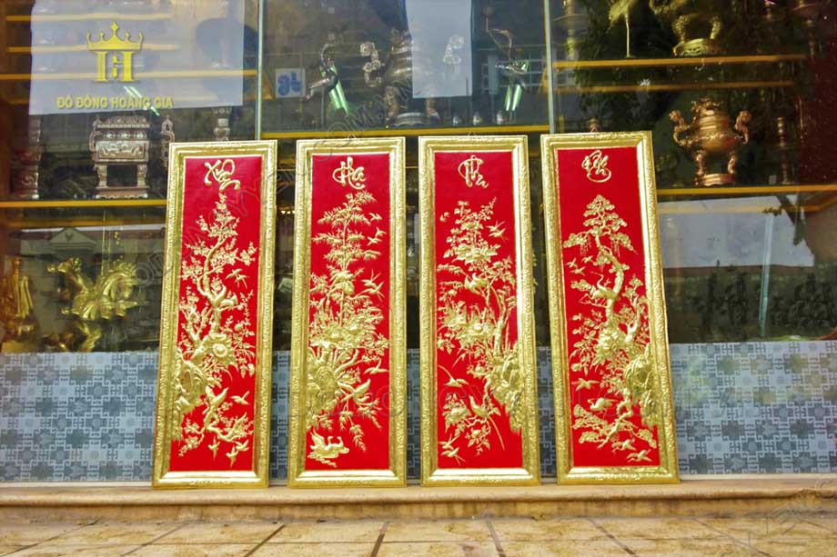Bức tranh tứ quý Xuân Hạ Thu Đông dát vàng cao cấp 1m2x40cm 