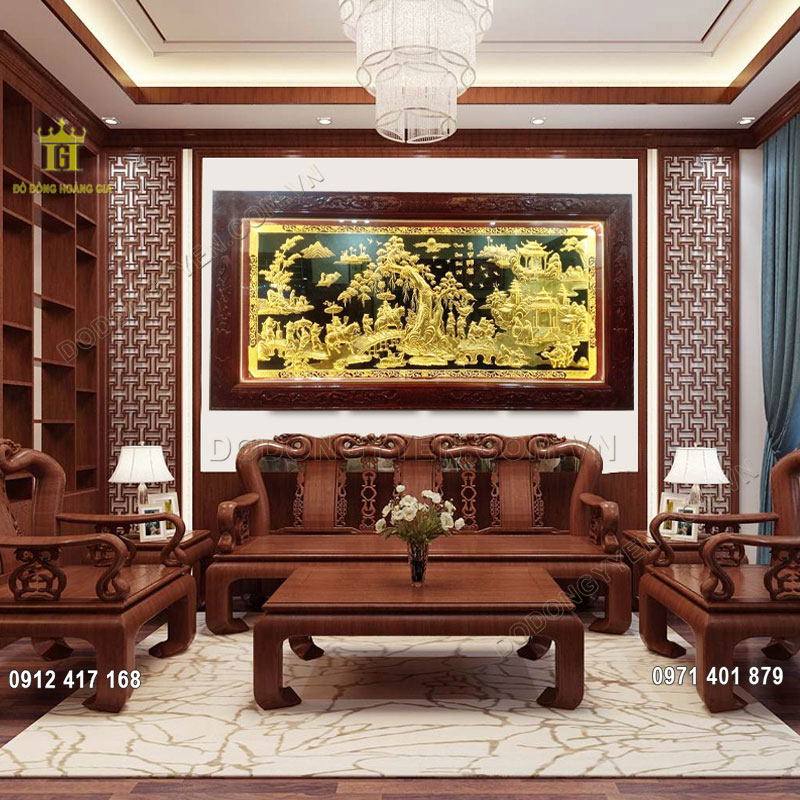 Bức tranh vinh quy bái tổ dát vàng là bức tranh đồng cao cấp treo phòng khách